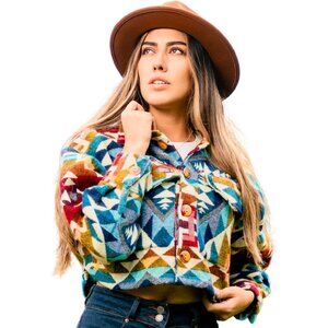 Women's Spring Cowgirl Outfits Alpaca Jackets Shackets Cropped Jacket Multicolor